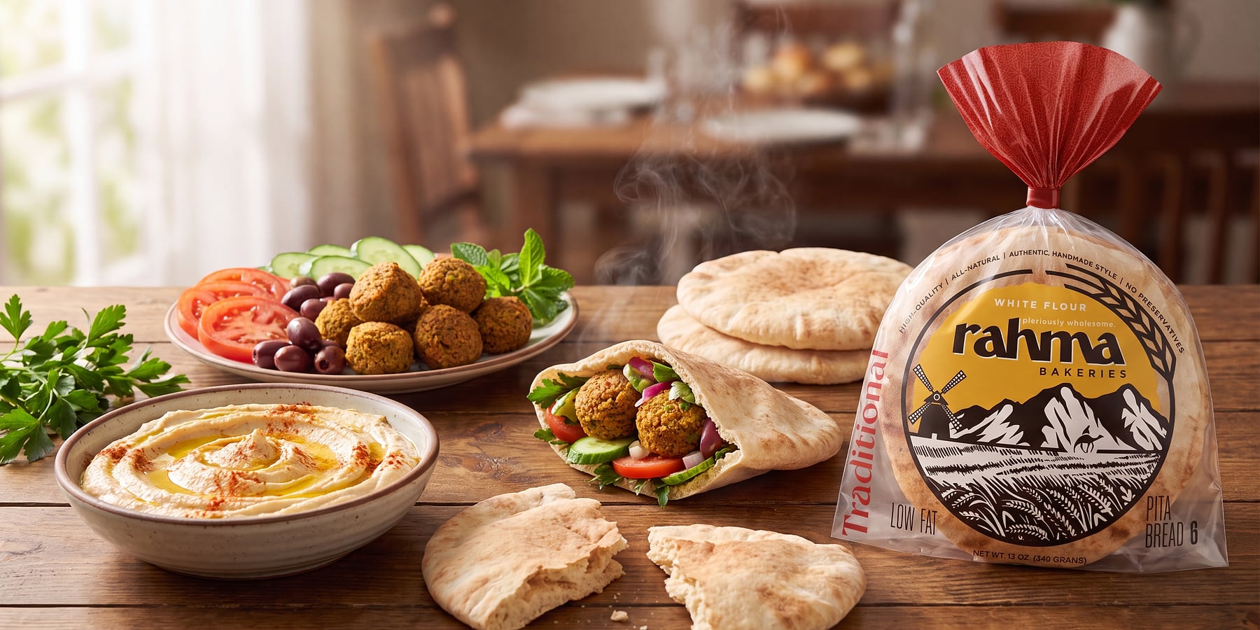 A dinner table set with Rahma pita, falafel wraps, hummus, and fresh salad.