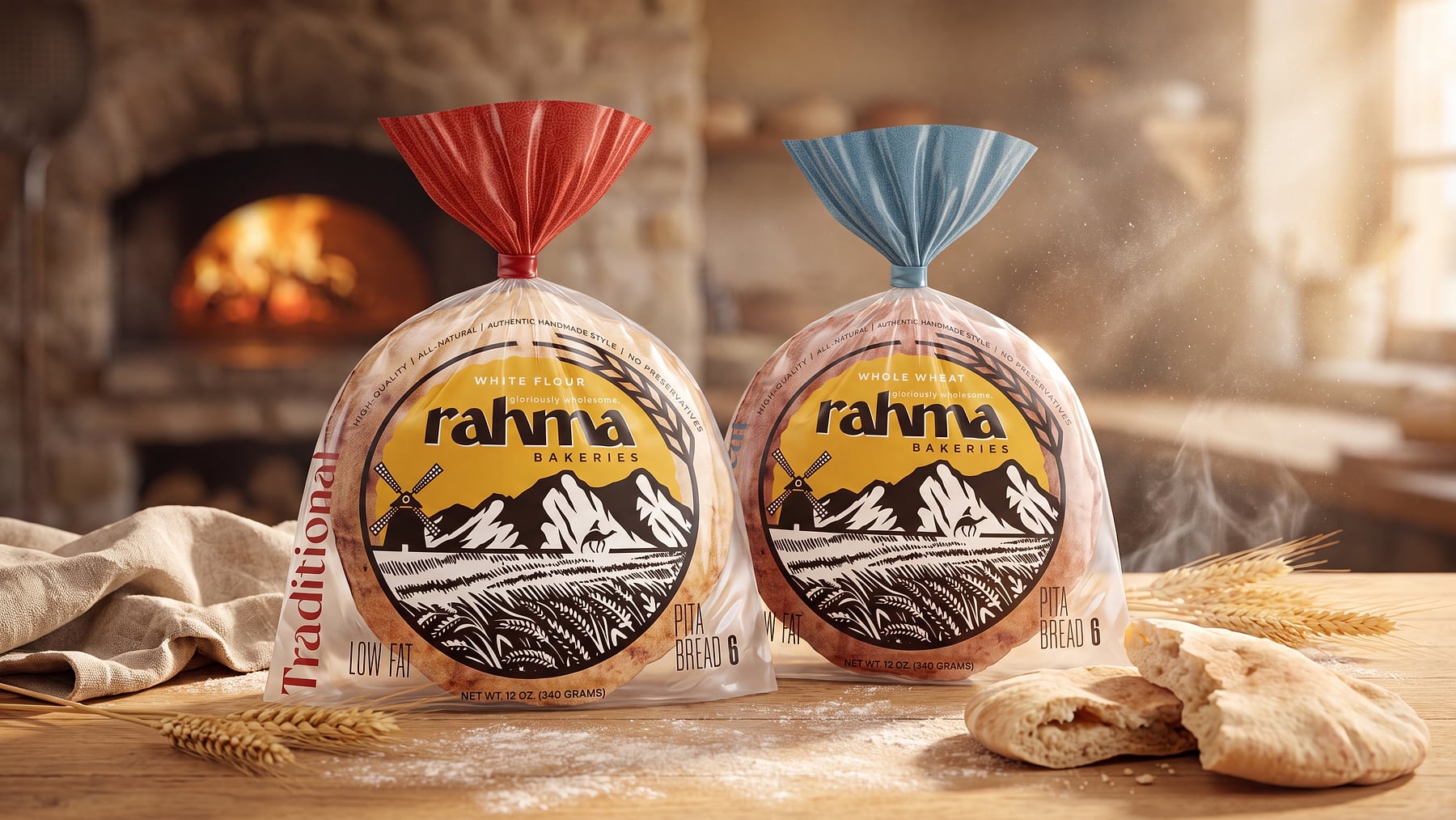 Both Rahma pita varieties on a floured wooden table in front of a glowing stone oven.