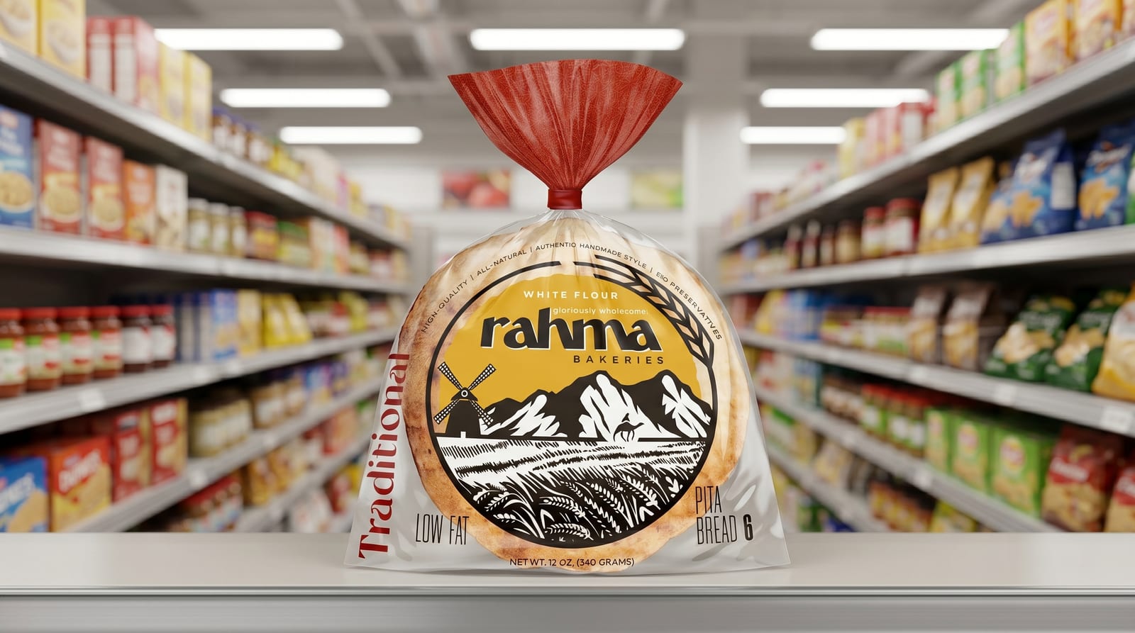 A bag of Rahma White Flour Pita Bread on a grocery shelf, ready to grab.