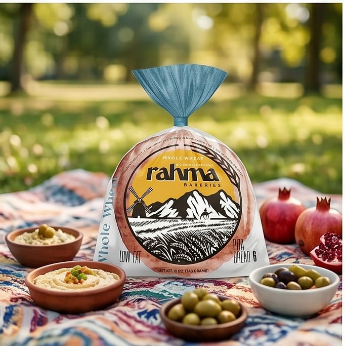 Rahma Whole Wheat pita on a picnic blanket with pomegranate and olives.