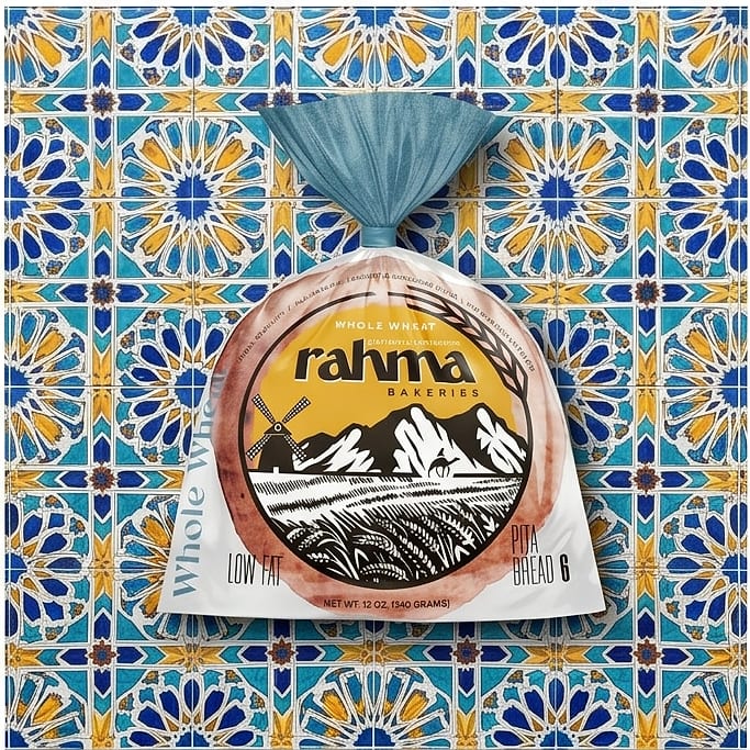 Rahma Whole Wheat pita resting on hand-painted Moroccan tiles.
