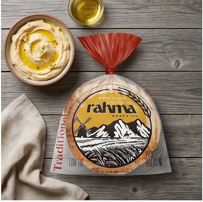 Rahma White Flour pita beside a bowl of hummus and olive oil.