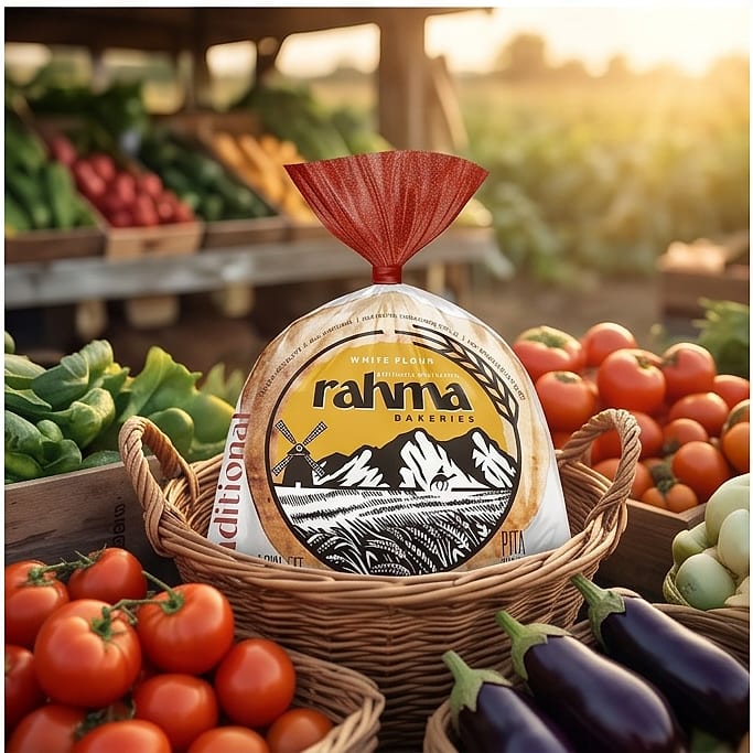 Rahma pita in a basket among fresh market produce.