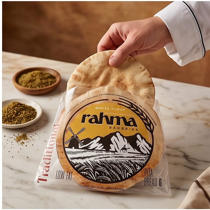 A hand lifting a warm pita next to za'atar on a marble counter.