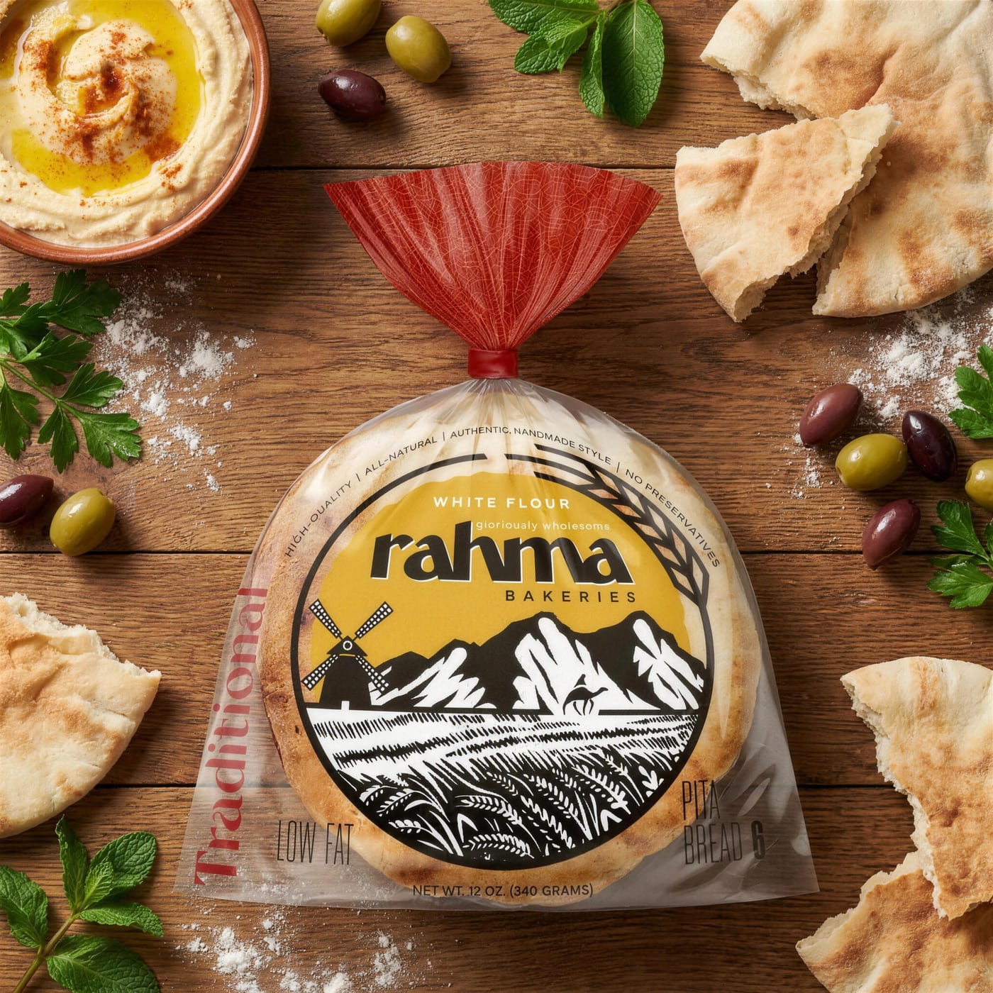 Top-down view of a Rahma White Flour pita bag on a wooden table, surrounded by torn pitas, a bowl of hummus, olives, and fresh mint.