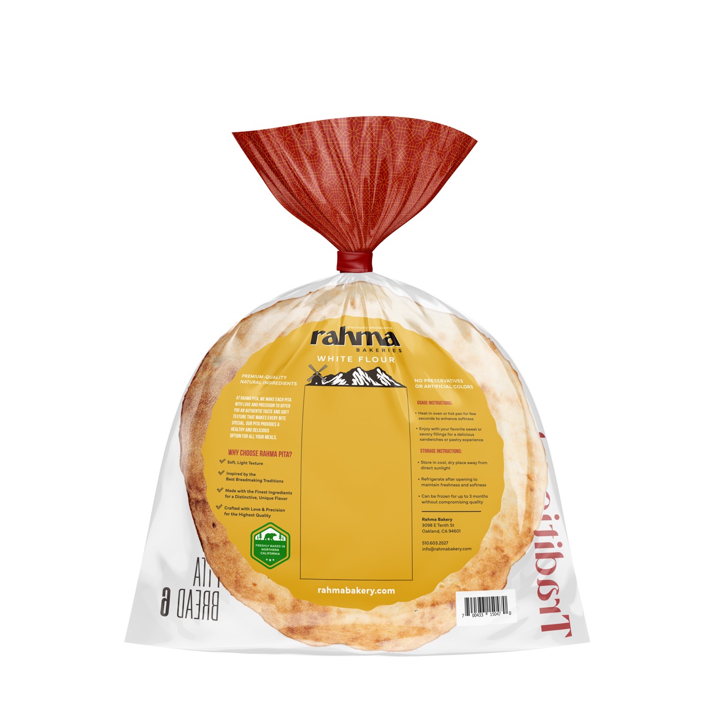 Back of the White Flour Pita bag — ingredients, usage, storage, and nutrition info.