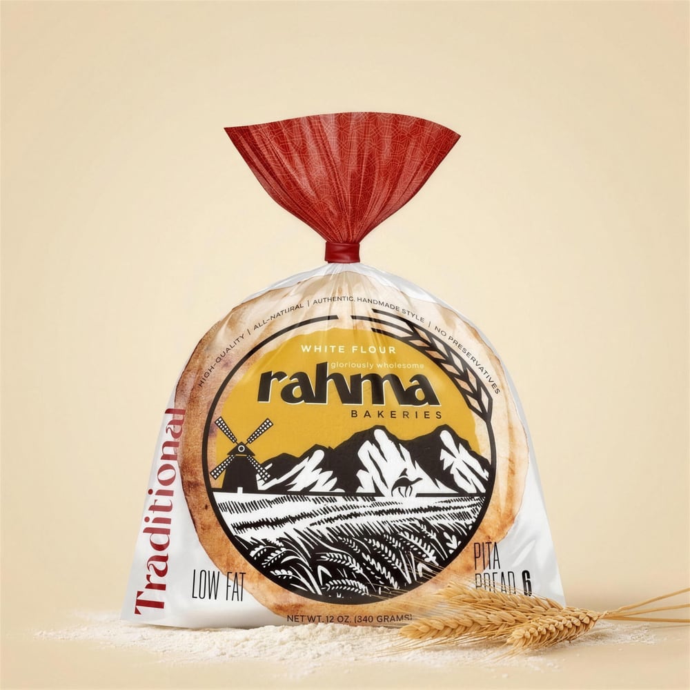 Rahma White Flour Pita Bread — the 6-count bag with its red tie, studio-lit on cream.