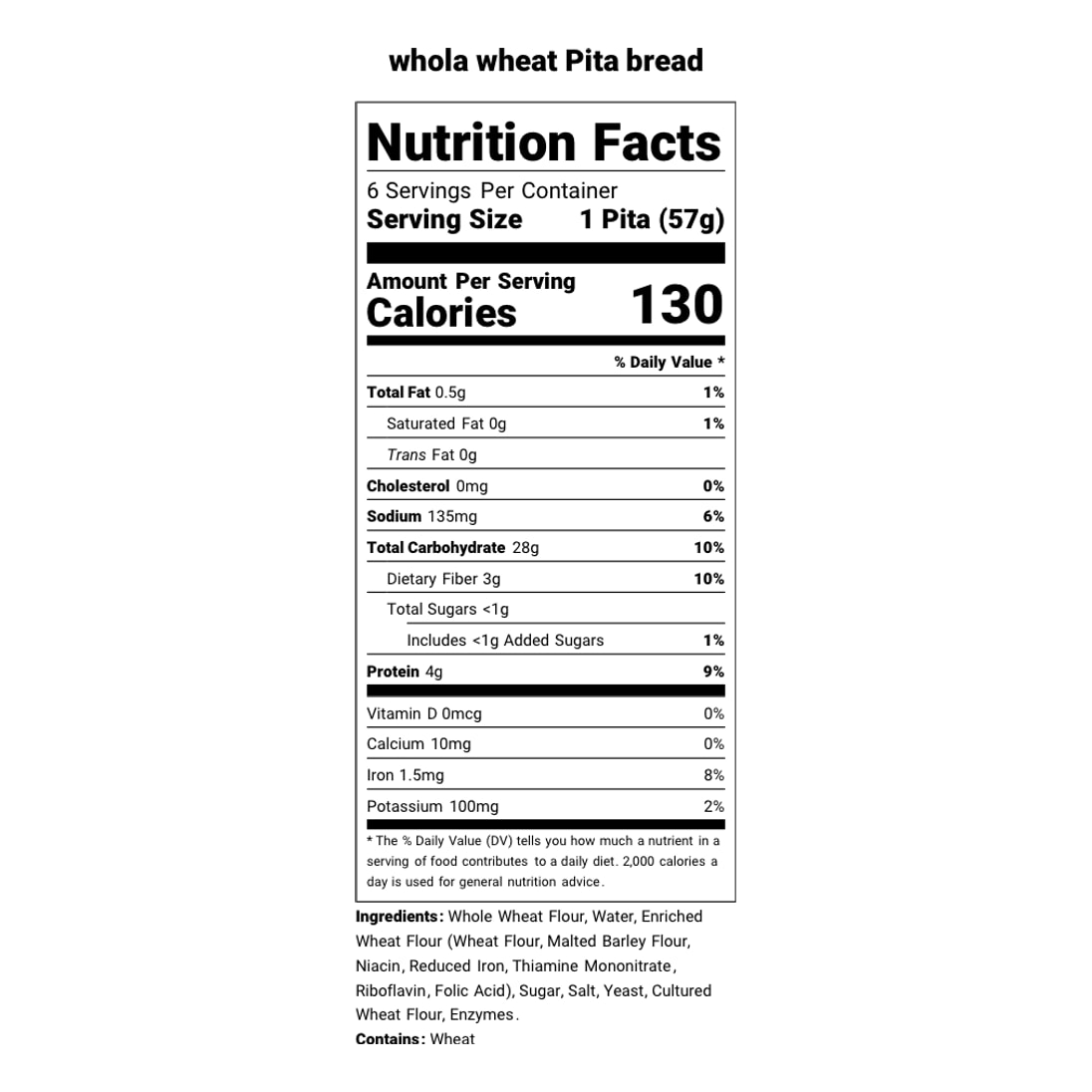 Nutrition Facts for Rahma Whole Wheat Pita Bread, with serving size, calories, ingredients, and allergen information. Contains wheat.