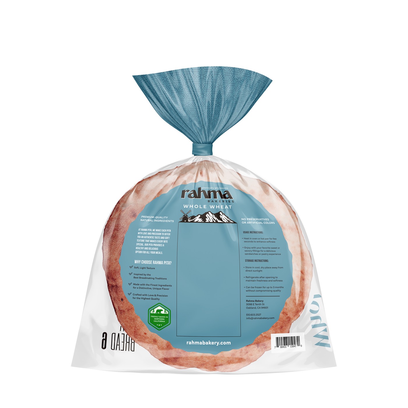 Back of the Whole Wheat Pita bag — ingredients, usage, storage, and nutrition info.