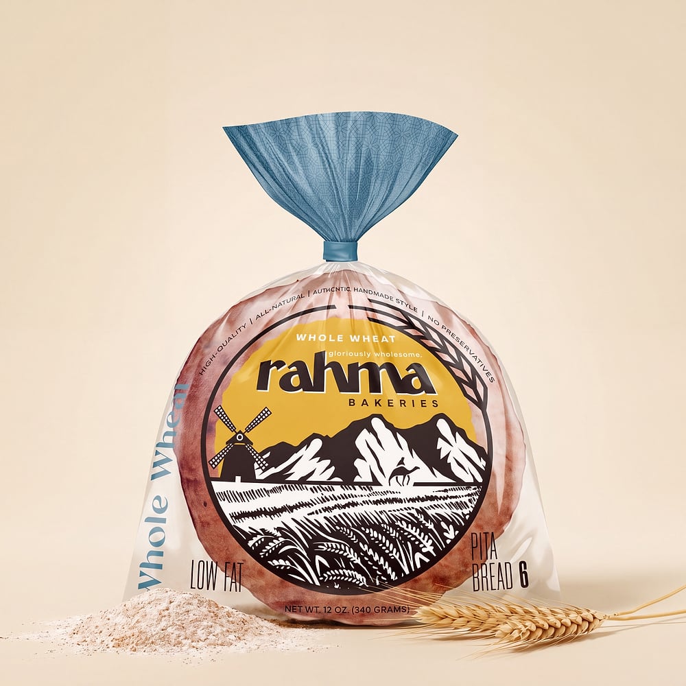 Rahma Whole Wheat Pita Bread — the 6-count bag with its blue tie, studio-lit on cream.